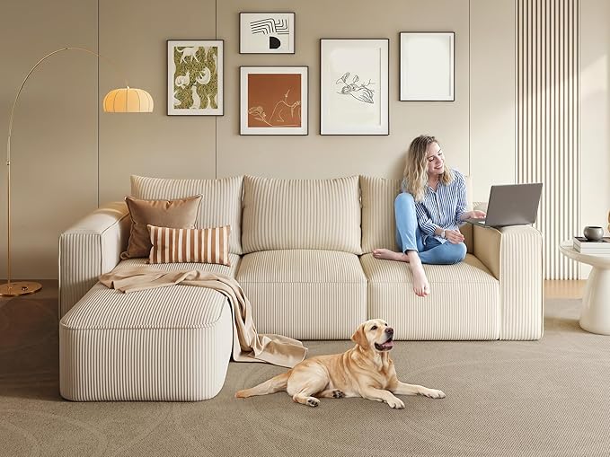 YITAHOME 107 Inch Cloud Modular Sofa with L-Shape Chaise Deep Seat &amp 3 Pillows Corduroy Couch for Living Room Bedroom No Assembly Needed Milky White