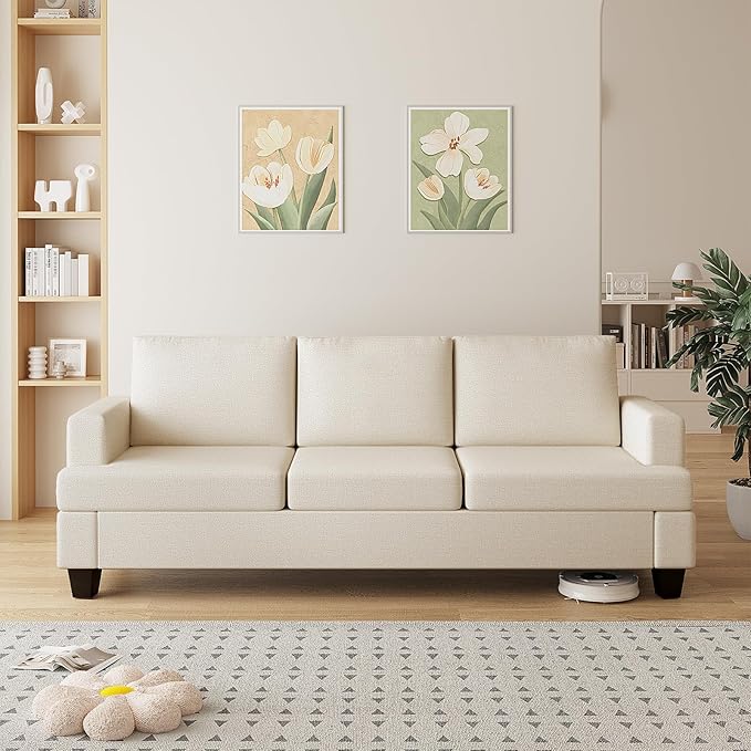 Furnimart 85 inch Deep Seat Sofa Modern 3 Seater Couch Beige Linen Sofa Comfy Cloud Couch for Living Room Cozy Fluffy Sofas with Removable Sofa Cover Small Couches for Small Spaces