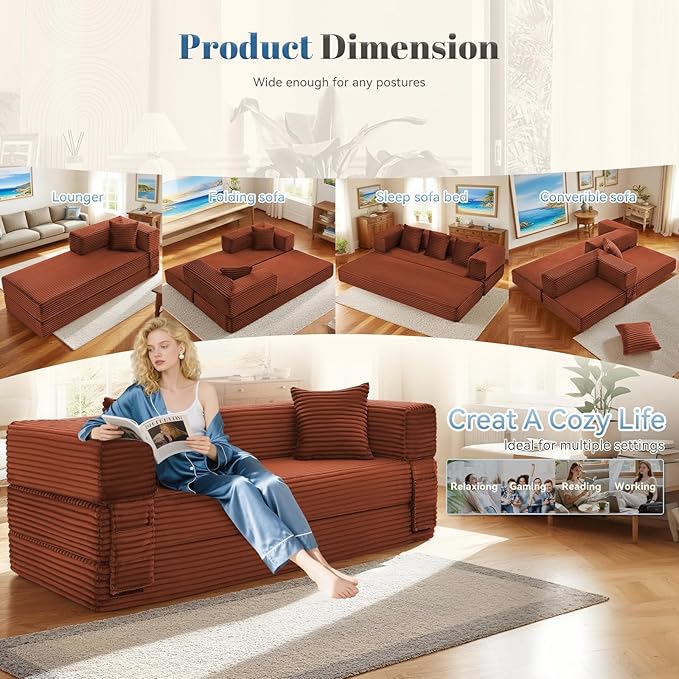 Convertible Sofa Bed5-in-1FoldIing Couch Bed with Removable ArmrestsModular Futon Sleeper Sofa in Box with Pull Out BedsCompression Boneless Couch for Living RoomOrange