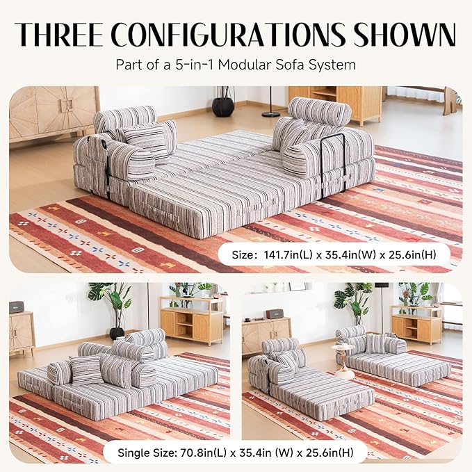 79 Corduroy Sofa Bed Sleeper Couch 6-in-1 Convertible Boneless Floor Futon Loveseat High-Density Foam Couch in a Box with 2 Headrest Pillows No Assembly Black and White