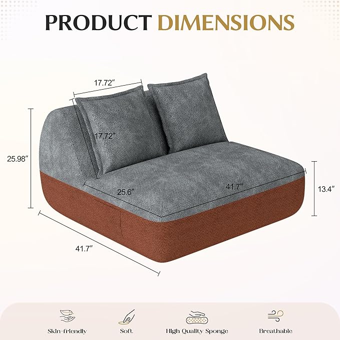 Hobestluk Small Couches for Small Spaces42” Mini Loveseat Sofa 2-Seater Armless Sofa Chair with Side Pocket for Living RoomBedroomDormOffice (Terracotta+Grey)