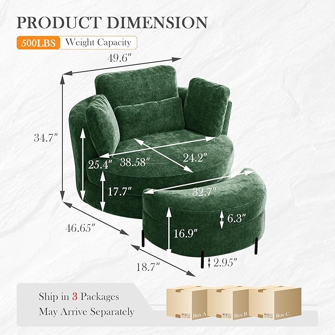 Aoiy &amp Wifon 50'' W Oversized Swivel Barrel Chair with Storage Ottoman Green Round Accent Chair with Half Moon Ottoman for Living Room Deep Seat &amp Extra Wide Chenille