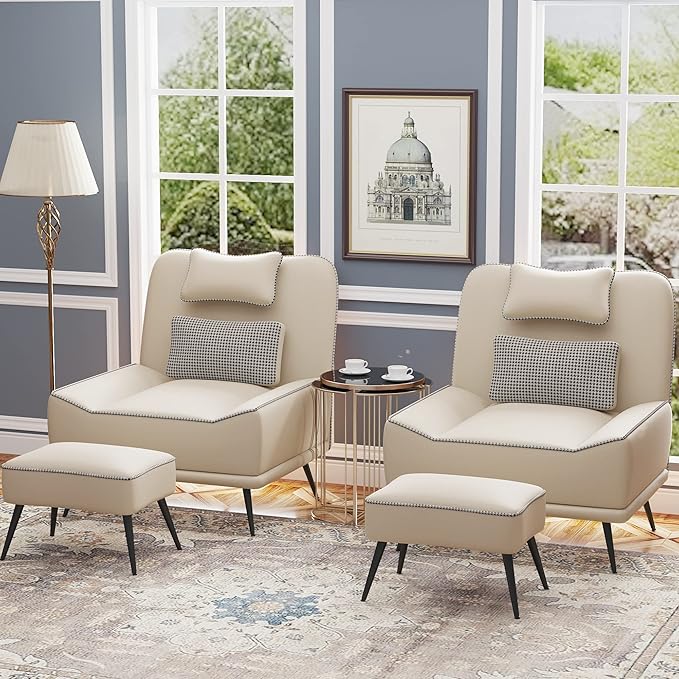 Yongqiang Faux Leather Accent Chair with Ottoman Modern Upholstered Large Sofa Chair for Living Room Bedroom Lounge Chair Armless Accent Chair and Ottoman Set Beige