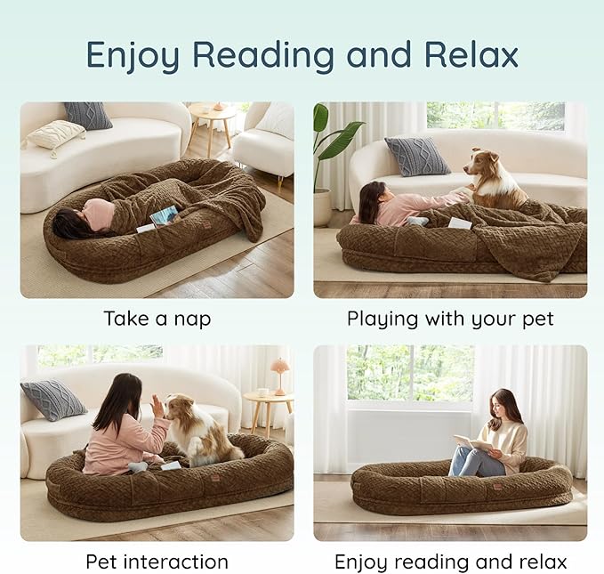 Human Dog Bed for Adult - Luxury Faux Fur Giant Size Dog Bed with Portable Handle Egg Orthopedic Foam with Blanket 72x40x10 Brown