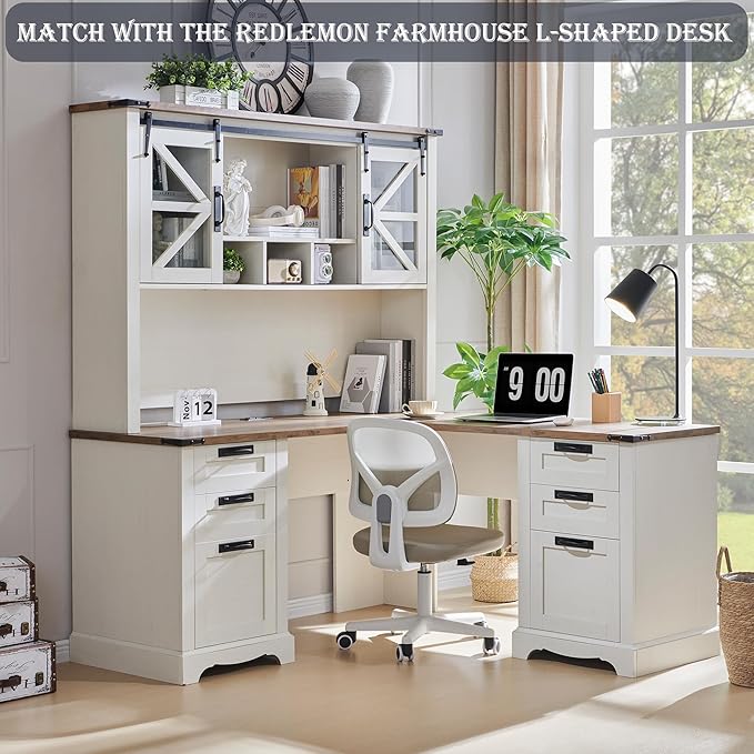 RedLemon 42 Farmhouse Desk Hutch with Sliding Barn Door and Ample Storage/Display Space Only Match Farmhouse Desk (Antique White)