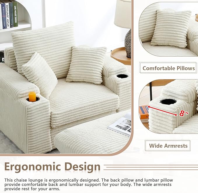 43.3”W Oversized Accent Chair with Ottoman &amp Storage Modern Corduroy Reading Chair with Cup Holder &amp Pillow Comfy Upholstered Deep Seat Armchair for Living Room Bedroom (Cream)