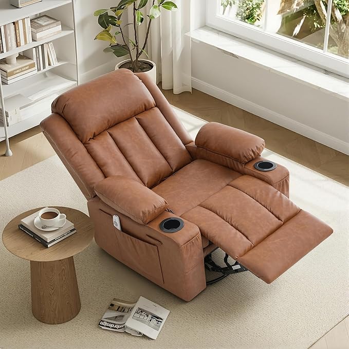 Rocker Recliner Chair with Heat and Massage360°Swivel Recliner Chair for Adults ElderlyOversized Recliner Single Sofa Seat with 2 Cup Holders and Side Pocket (Brown)