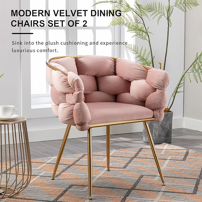 NIOIIKIT Modern Velvet Dining Chairs Set of 2 Hand Weaving Upholstered Vanity Chairs with Gold Metal Legs Leisure Single Sofa Armchairs Comfy Accent Chairs for Living Room Bedroom (Pink)