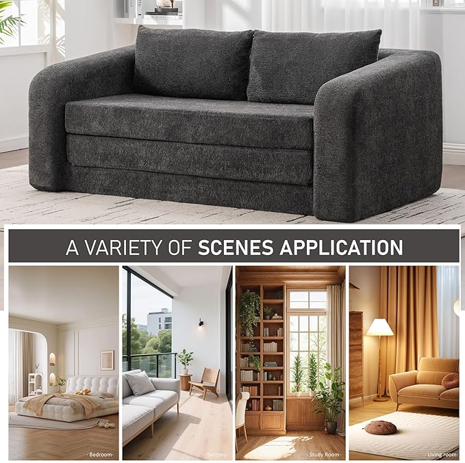 Grey Cloud Loveseat Sofa - 71 Convertible Folding Sofa Bed Chenille Boneless Floor Lounge Couch with Armrest &amp Backrest Pillows No Assembly Pull Out Sleeper for Bedroom Living Room (Grey 71 W