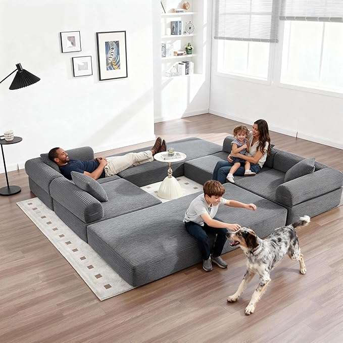 Oversized Modular Cloud Couch for Living Room Corduroy L-Shaped Sectional Sleeper Sofa Bed with Fixed-Shape Frame Modern Boneless Couch with Pillows &amp StorageGrey