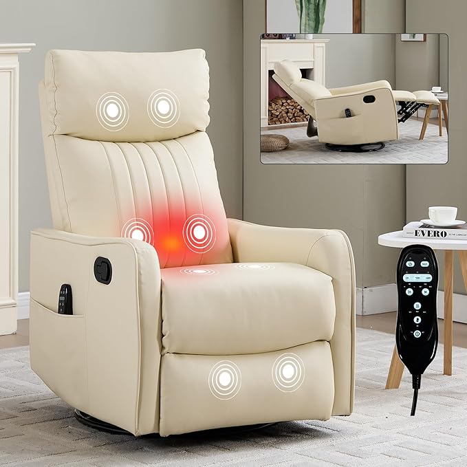 High Back Massage Recliner with Heat - Swivel Rocking Chair for Small Spaces Manual Lazy Boy Recliner for Adults Perfect for Living Room &amp Bedroom Soft Fabric (Beige FL)