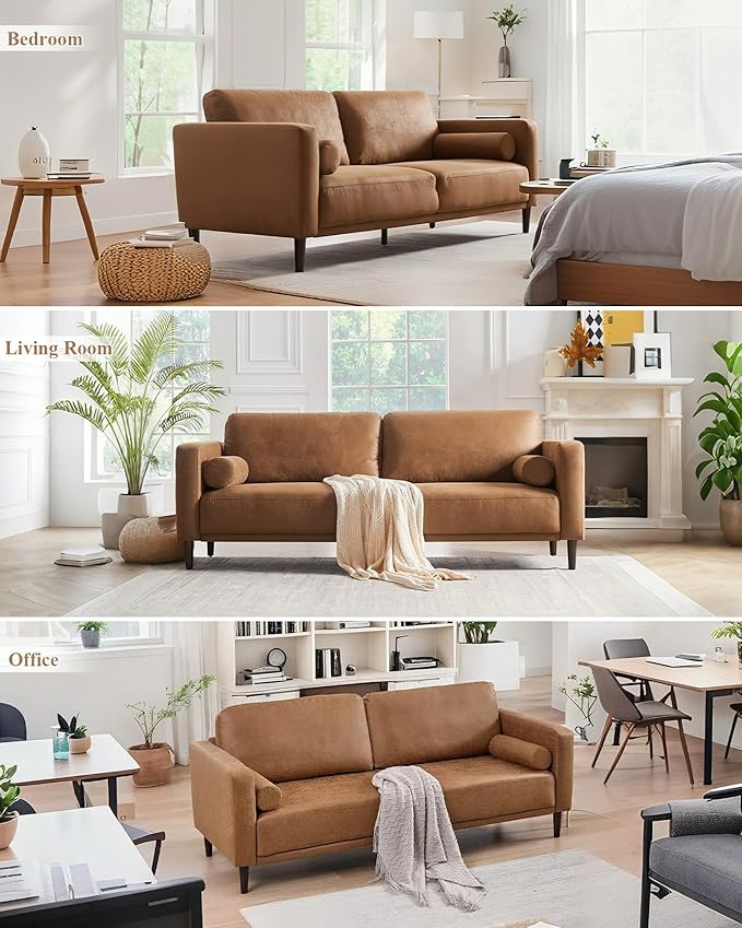 HIFIT 79 Sofa Couches for Living Room Mid-Century Modern Decor Faux Leather Couch with Deep Seat&ampCloud Cushions&amp2 Pillow 3 Seater Home Sofa Living Room Brown Loveseat for Office Bedroom Ap