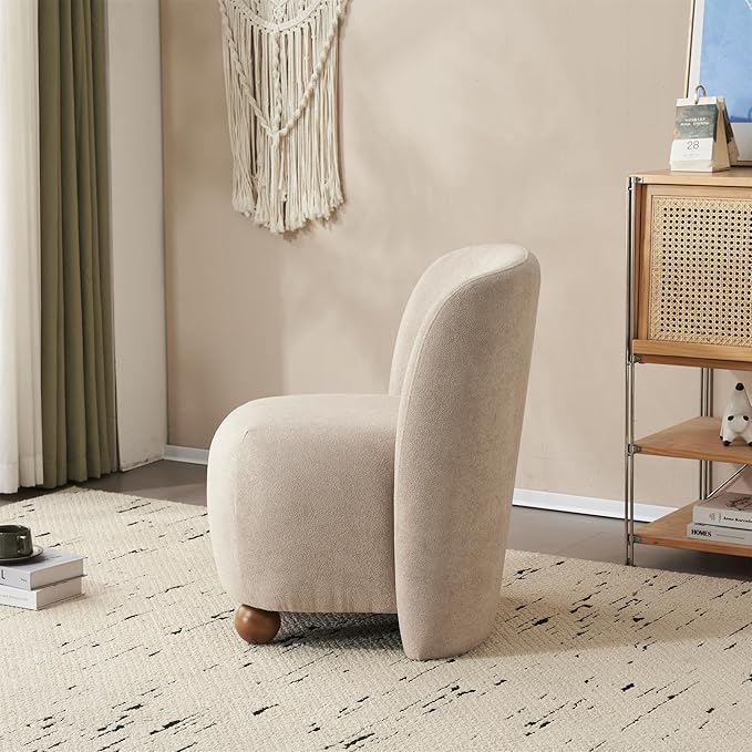 Modern Low Back Accent Chair Upholstered Armless Living Room Chairs Round Pine Wood Feet for Small Living Spaces Living Room Bedroom Balcony Office Reading Nook Khaki
