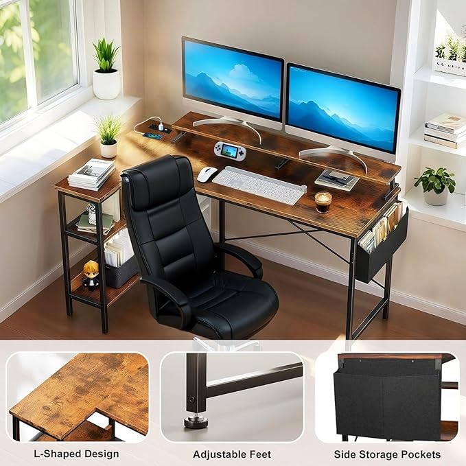 47'' L Shaped Gaming Desk with Power Outlets Reversible Corner Computer Desk with Monitor Stand Storage Shelves Side Bag Home Office Desks for Home Office Gaming (Black+Brown 47 Inch)