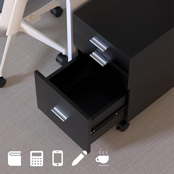 3 Drawer File CabinetMobile on WheelsPre-Assembled Black Wooden Storage Organizer for A4/Letter FilesUnder Desk Printer Stand19 L x 16 W x 22 H