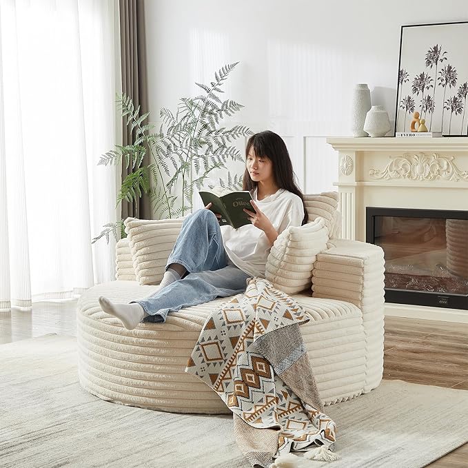 55 inch Chaise Lounge Chair Indoor Oversized Round Accent Chair Modern Corduroy Sponge Single Sofa Fluffy Sleeper Chair Deep Seat Comfortable Chair for Living Room Bedroom Apartment Beige