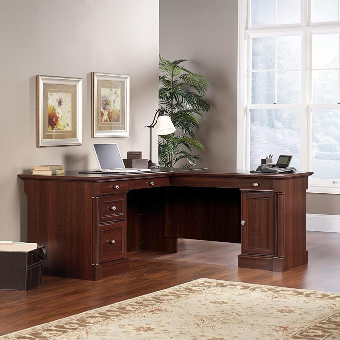 Sauder Palladia L Shaped Desk with Drawers Office Desk with File Cabinet Storage Cable Management Keyboard Tray in Select Cherry finish