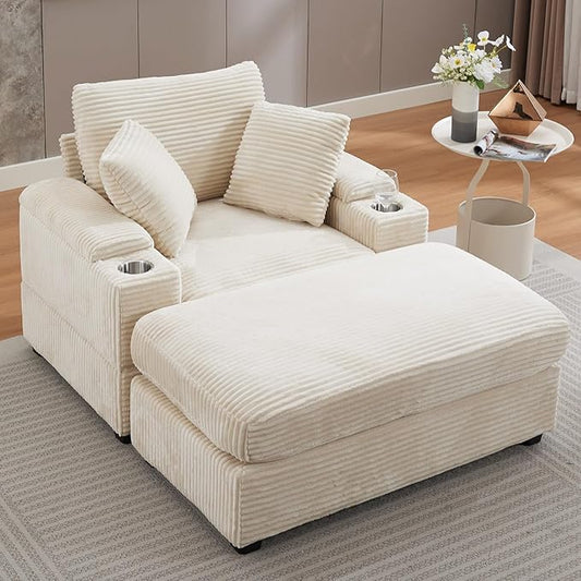 50 Oversized Chaise Lounge Chair Indoor with Ottoman and Storage Deep Seat Upholstered Reading Chair Comfy Corduroy Sleeper Chair with Cup Holder Reclining Chair for Living Room Bedroom Beige