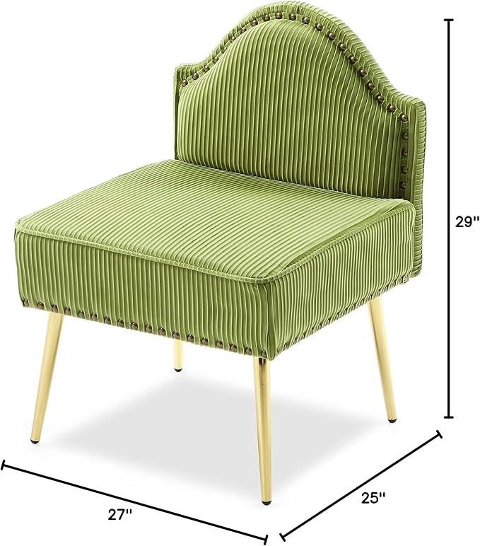 Modern Upholstered Pleated Velvet Accent Chair Tufted Dining Office Chairs Armless Slipper Chair Mid-Century Side Chair Single Luxury Sofa Chair with Golden Legs for Living Room Small SpaceGreen