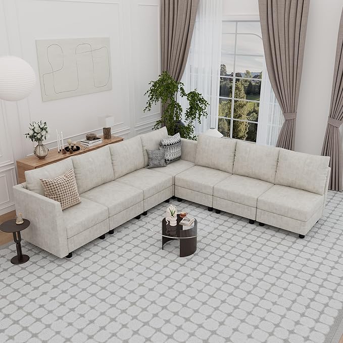 Fiona's magic Modular Sectional Sofa Set 7 Seats Sleeper Sofa Couch with Storage Sectional Sofa Couch with USB Charging Port Modern Comfy Chenille Couch for Living Room Beige