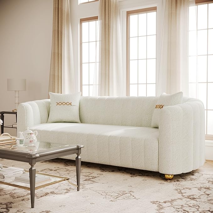 83.46 Fabric Couch for Living Room Cute Modern Sofa with Gold Metal Sphere Legs Upholstered Comfy 3 Seater Couch (Teddy Cream White)