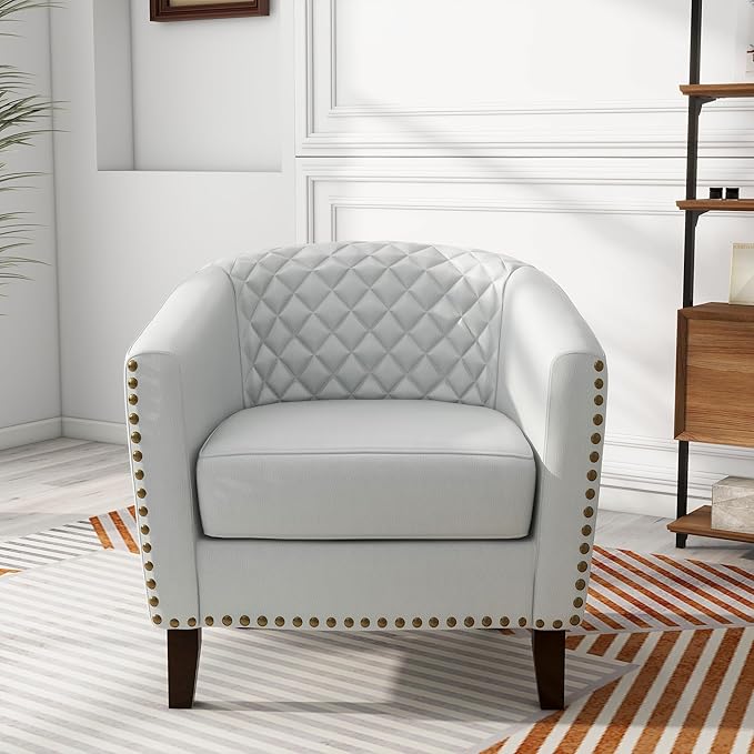Pia Ricco Faux Leather Barrel Accent Chair Modern Club Arm Chair Comfy Upholstered Single Sofa Chair with Solid Wood Legs and Nailhead Trim for Living Room/Reading Room (White)