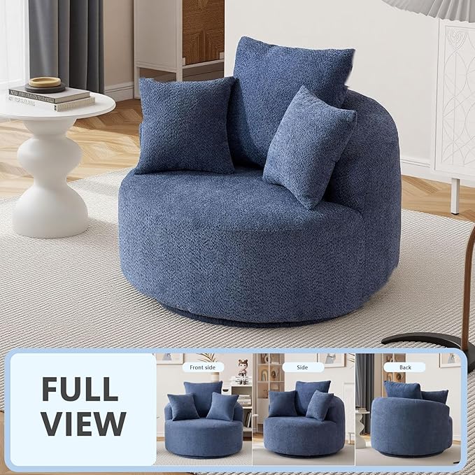 360°Swivel Accent Barrel Chair - 38.6W Boneless Oversized Upholstered with 3 Removable Pillows High-Resilience Sponge &amp Tuck Stitch Fabric Comfy Round Sofa Chair for Living Room Bedroom Apartm