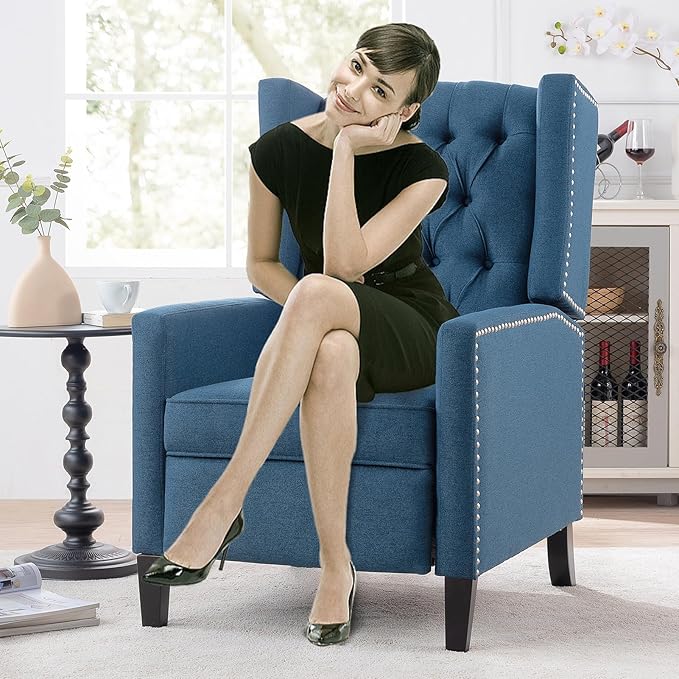 Wing Back Recliner Chair for Living Room Push Back Reclining Chairs Club Accent Chair Lounge Armchair Comfy Fabric Arm Chair with Rivet Decoration Tufted Back Solid Wood Legs Blue