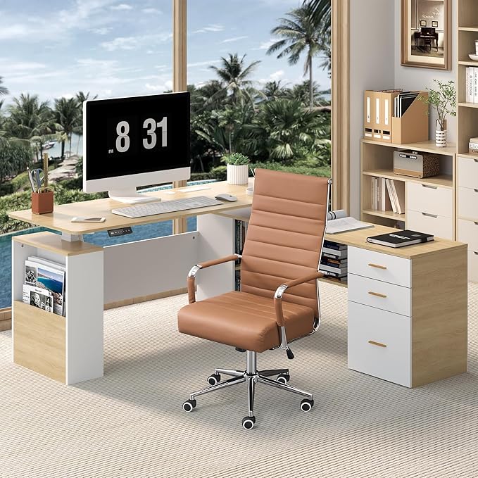 JOMEED 63 L Shaped Electric Standing Desk with Storage Executive Adjustable Height with Power Outlets and Privacy PanelOak and White