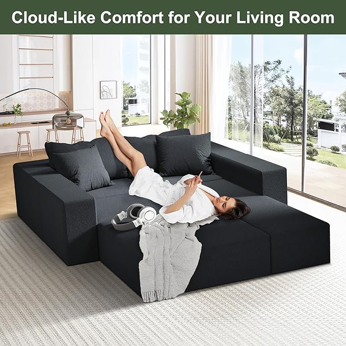 132 Modular Sectional Sofa Cloud Couch Sectional Modern Chenille Upholstered L-Shaped Sofa Set with 6 Pillows Deep Seat Comfy Couch for Living Room Free Combination No Assembly Required (Black)