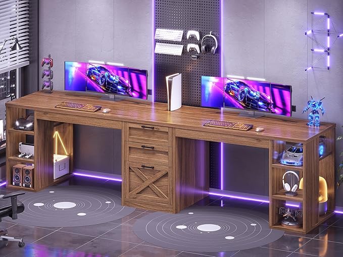 SEDETA Farmhouse 96.5 Computer Desk with Drawers 2 Person Home Office Desk Gaming Double Desk with Storage Shelves Long Two Person Writing Desk Brown