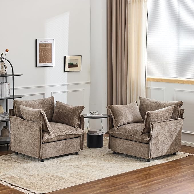 VINGLI 34 Oversized Accent Chairs Set of 2 Light Brown Reading Chair Upholstered Armchair Soft Chenille Fabric Living Room Chairs Sofa for Adults Bedroom Home Office Play Room