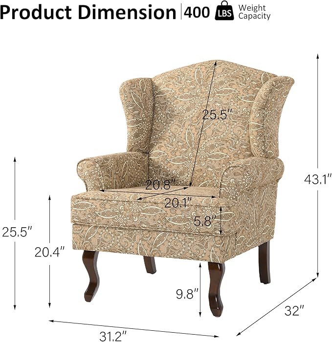 Lumibee High Back Accent Chair Comfy Armchair with Solid Wood Legs for Living Room Upholstered Accent Chair for Small Space Single Sofa Reading Chairs for Office-Paisley Brown