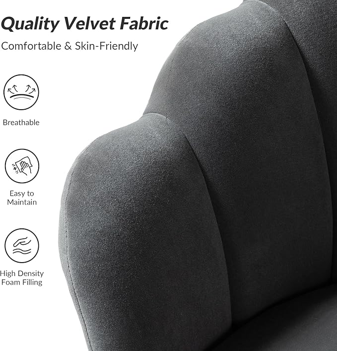 HULALA HOME Modern Velvet Accent Chairs Set of 2 with Shell Shaped Back Cute Living Room Bedroom Armchairs with Gold Legs Comfy Upholstered Vanity Chairs for Makeup Room Grey