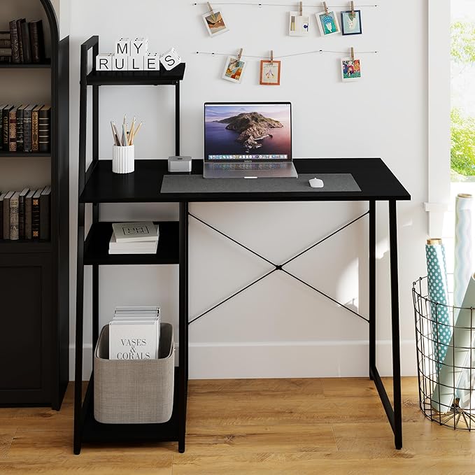 Tangkula Computer Desk with Shelves Space Saving Home Office Desk with 3-Tier Ladder Shaped Storage Bookshelf Modern Writing Study Desk with Metal Frame Compact Computer Workstation (Black)