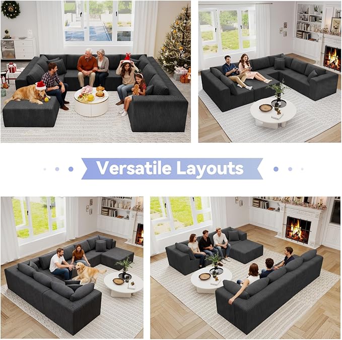 135 U Shaped Boneless Couch Oversized Boneless Sectional Couches for Living Room Large Modular Sofa with Ottoman Plush Corduroy Couch with Deep Seat Chaise No Assembly Black