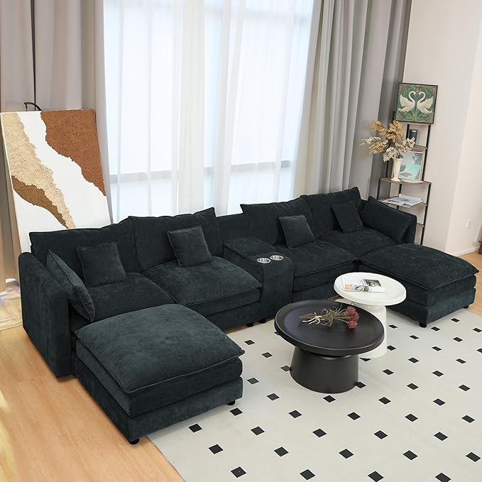 Oversized L-Shaped Modular Sectional Sofa with Storage Armrest Reversible Couch with Movable Ottoman USB Ports Cup Holders 360°Swivel Tray Comfy Cloud Cushions for Living Room (Black 144.49)
