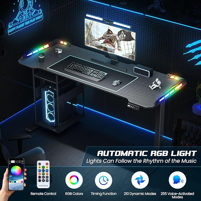 Gaming Standing Desk with LED Lights &amp Host Shelf 55 x 24 Gaming Table with Music Sensing APP Control Underdesk Cable Storage Electric Standing Desk Black Carbon Fiber PC Table for Home Offic