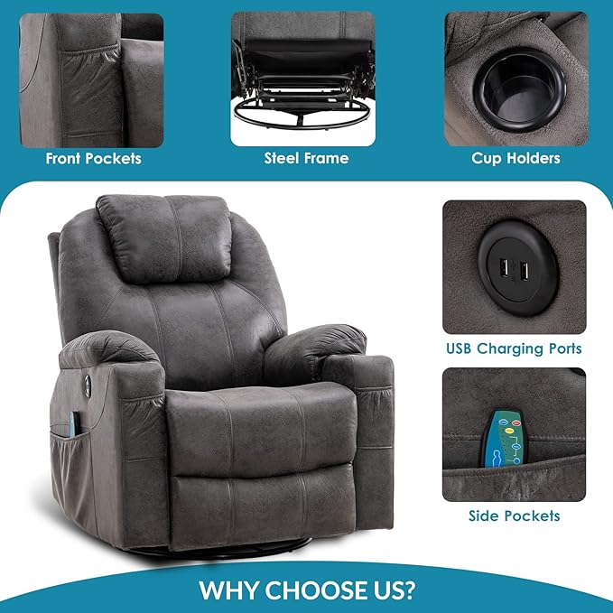 Manual Swivel Glider Rocker Recliner Chair with Massage and Heat 2 USB Ports 2 Cup Holders 2 Side Pockets and 2 Front Pockets Bronze Suede Fabric (Grey)
