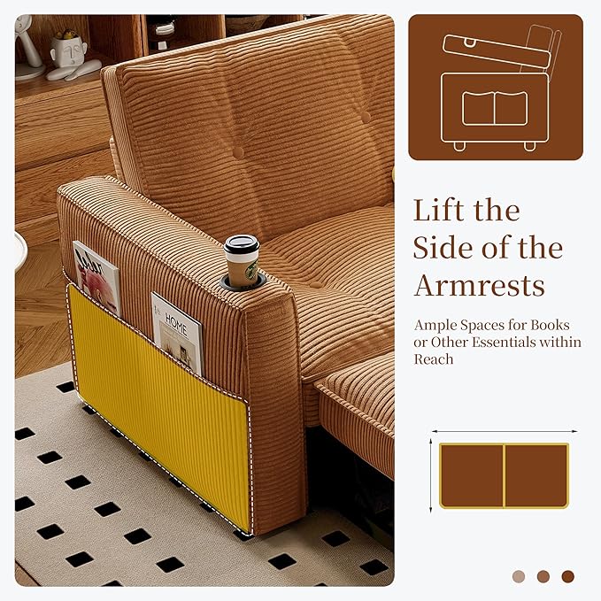 73.2 Convertible Sleeper Sofa Bed 3-in-1 Queen Size Pull Out Couch with Adjustable Backrest Side Pocket &amp Cup Holders Corduroy Fabric Small Modular Couch for Living Room (Orange)