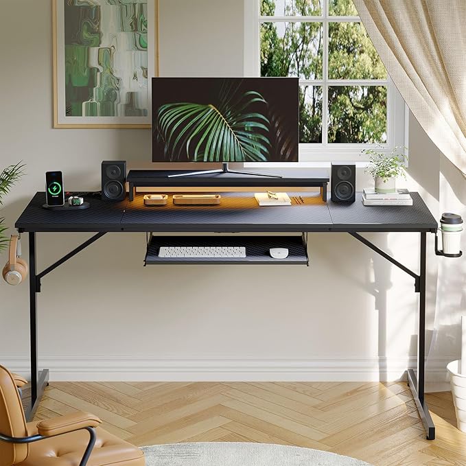 Bestier 63 Inch Gaming Desk with Power Outlets &amp LED Lights Large Computer Desk with Monitor Stand &amp Keyboard Tray Home Office Table with Cup Holder &amp Headset Hook Carbon Fiber Black