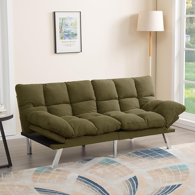 67” Convertible Futon Couch Bed Adjustable Pillow Top Arm Memory Foam Cloud Futons Loveseat Modern Light Gray Corduroy Mini Small Sofa Couches for Living Room