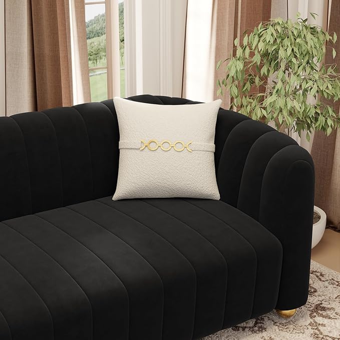 KEAI 83.46 Velvet Couch for Living Room Large Modern Sofa with Gold Metal Sphere Legs Office Upholstered Comfy 3 Seater Couches Cute Sherpa Bedroom Furniture (Black)