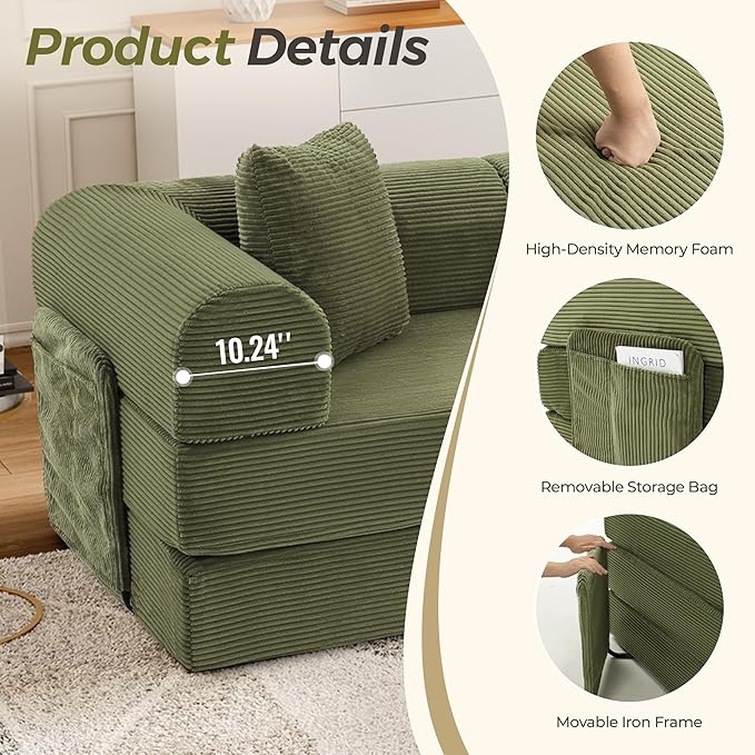106.3 Oversized Convertible Sleeper Sofa Bed L Shape Modular Sectional Cloud Sofa with Fixed-Shape Frame Boneless Couch with Storage Pocket for Living Room No Assembly Required Green