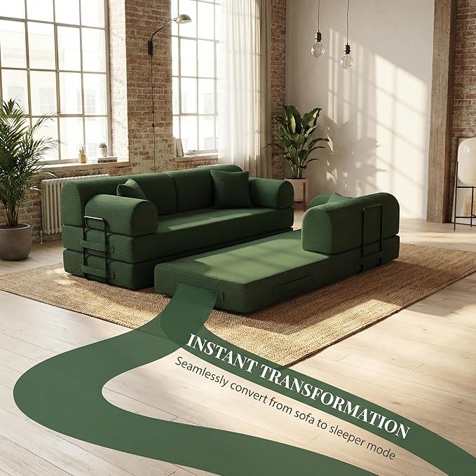 KEIKI 78 2Seat Sleeper Corduroy Sofa Couch for Forest Retreat Small Space Family Friendly Homeowners Warm Inviting Comfy Supportive Rest Space Elegant Premium Premium Design Moss