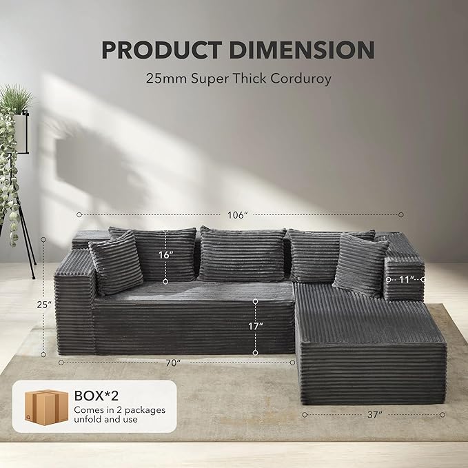 Modular Sectional Sofa Cloud Sectional Couch 106 Comfy L Shaped Black Couches for Living RoomOversized Sofa Sleeper with Deep Seat No Assembly Required
