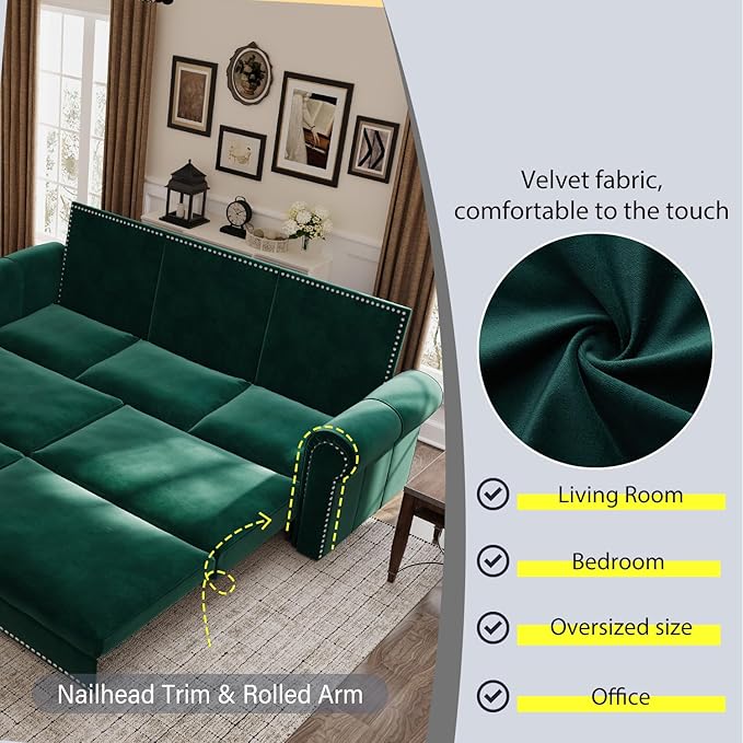KEIKI 93.7 King Pull Out Sofa Bed 3-in-1 Velvet Convertible Sleeper Sofa with Nailhead Trim &amp Rolled Arm Multi-Functional Sofa Bed for Living Room Bedroom Apartment Office Green