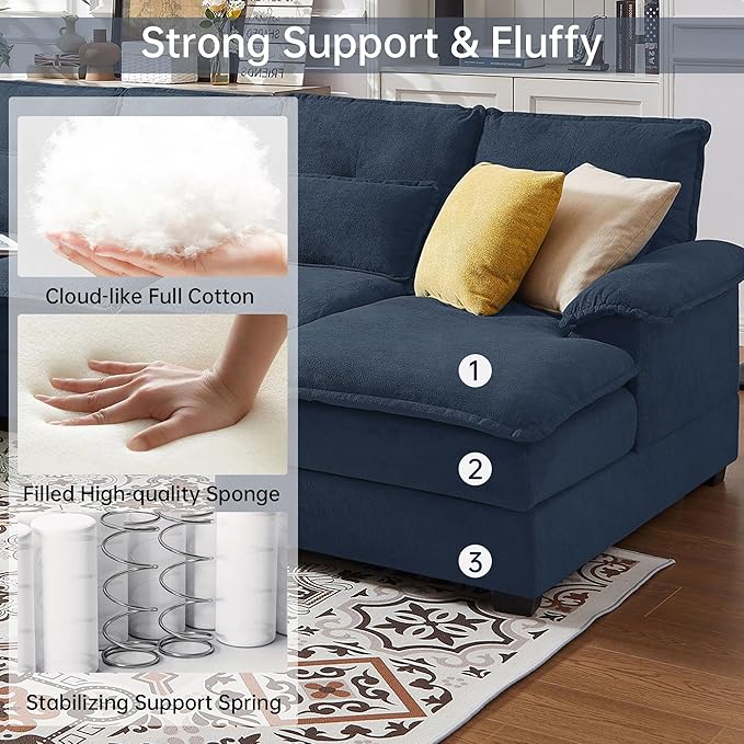 110 Comfy Cloud Couch Sectional Sofa with Lumbar Pillows Modern U-Shaped Cloud Sofa with Double Chaise &amp Deep Seat for Living Room or Office Easy Assembly Dark Blue