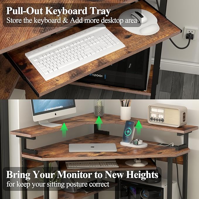 Auromie Corner Desk with Charging Station &amp LED Light Triangle Corner Desk with Monitor Stand &amp Keyboard Tray for Small Space Gaming Computer Desk with Storage Shelves for Home Office (Rusti