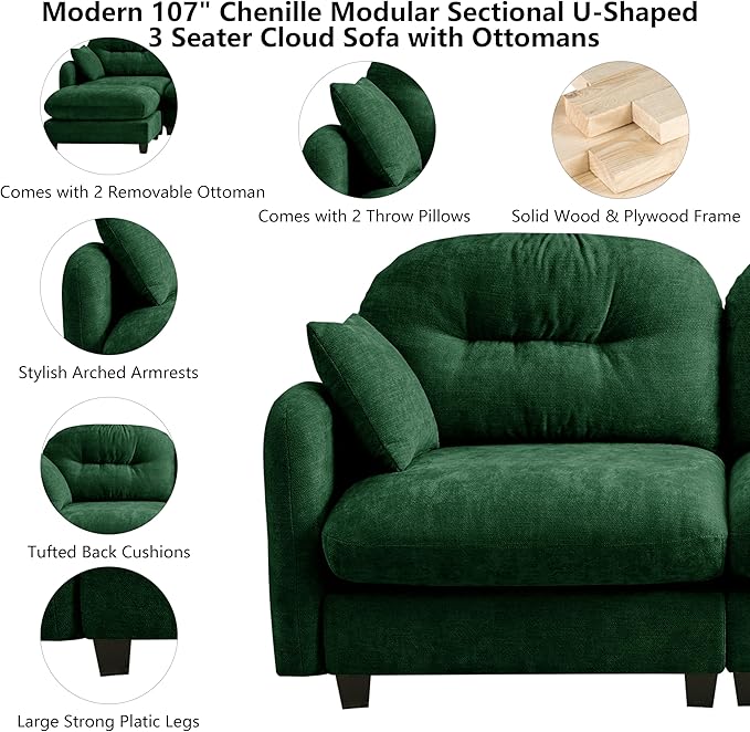 mikibama 107 Chenille Cloud Sofa 3 Seater Couch with OttomansModern Modular Sectional U-Shaped Cloud Sofas with Deep SeatU Shape Couch with Chaise Lounge Curved Arms for Living Room(Green3S+2O)